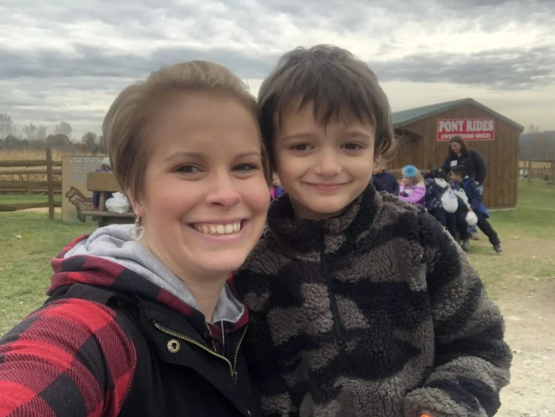 mom and son in the farm